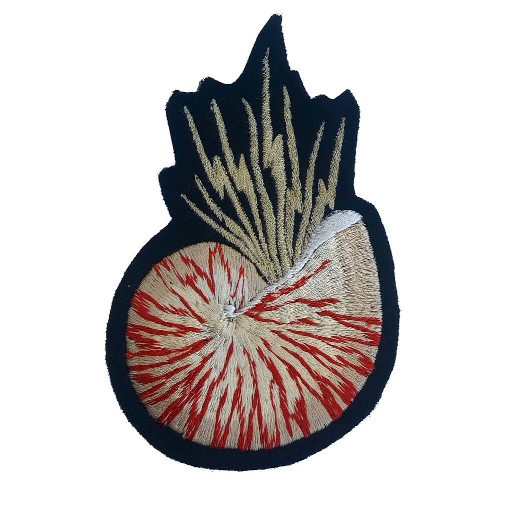 Metallic nautilus shell patch on white background