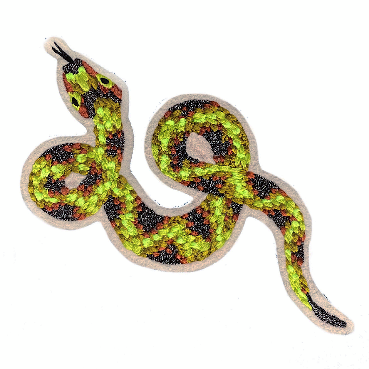 Embroidered snake patch on cream felt on white background