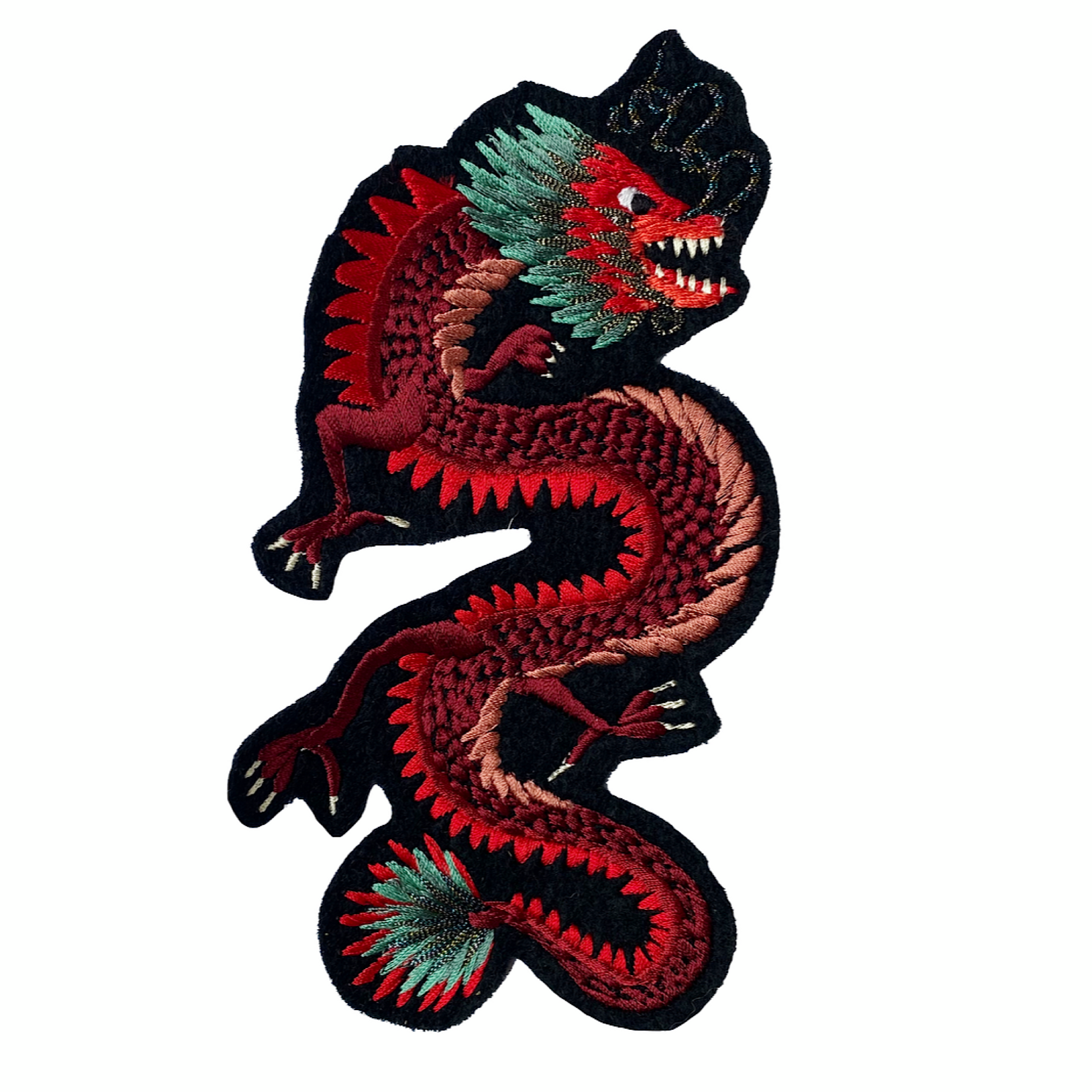 Dragon embroidered patch on white background
